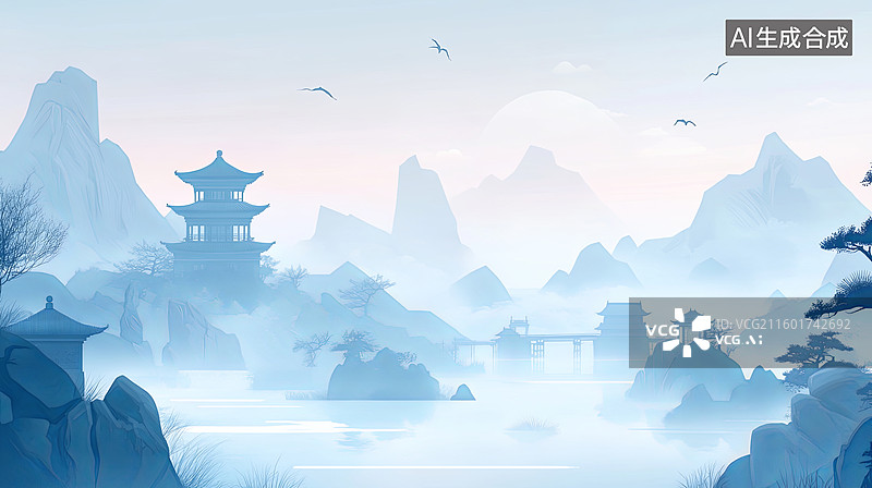 【AI数字艺术】山水楼阁雾中景图片素材