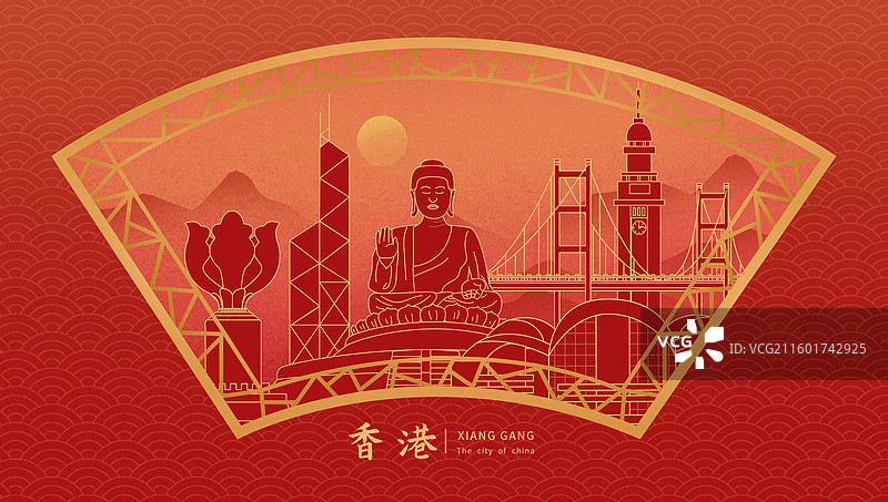 香港中国风新年红色中秋扇形古典窗户城市建筑图片素材