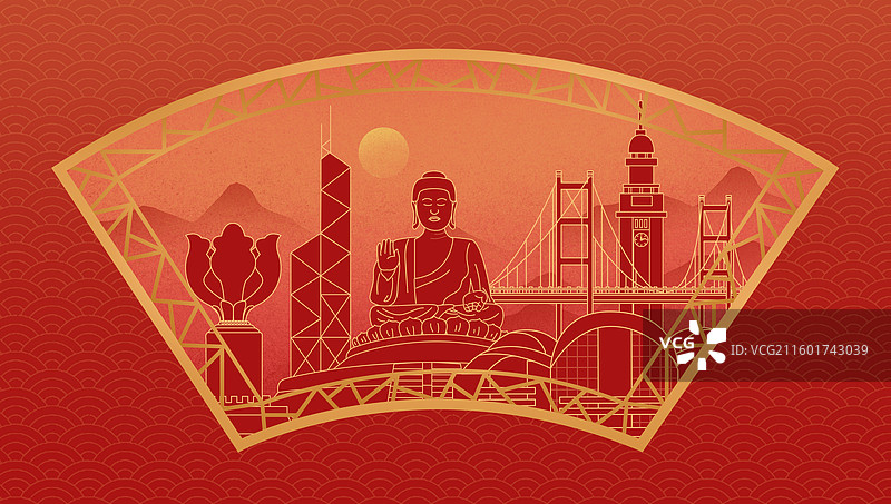 香港中国风新年红色中秋扇形古典窗户城市建筑图片素材