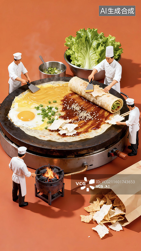 【AI数字艺术】传统小吃早餐铺摊煎饼制作场景图片素材