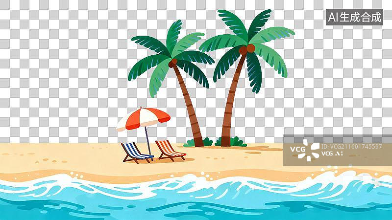 【AI数字艺术】沙滩上的棕榈树与休闲场景图片素材