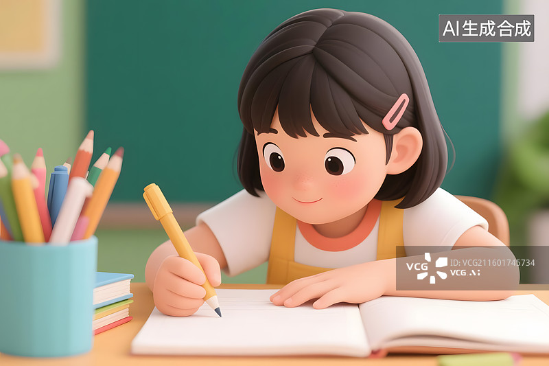 【AI数字艺术】小女孩认真写作业图片素材