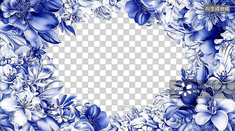 【AI数字艺术】青花瓷配色鲜花图案环绕边框装饰免抠图形图片素材