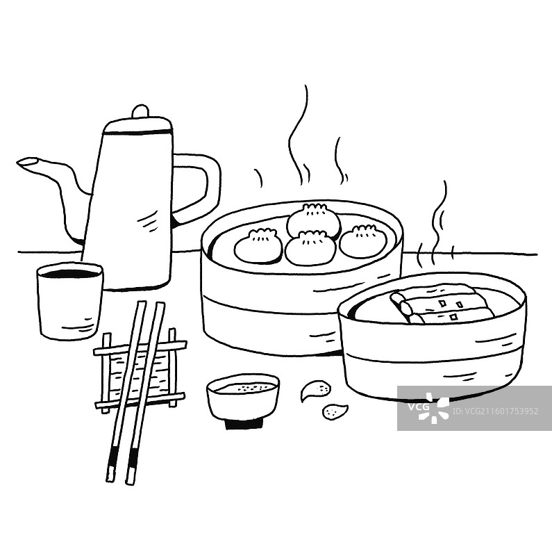 手绘钢笔画港式茶点图片素材