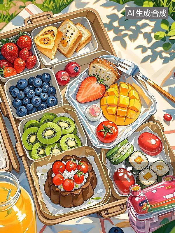 【AI数字艺术】水彩风野餐露营美食水果野餐盒插画图片素材