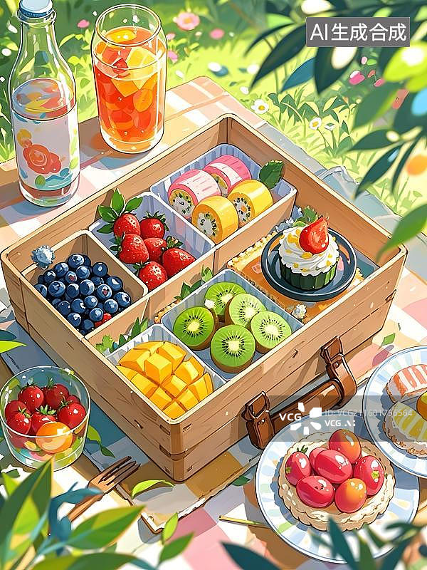 【AI数字艺术】水彩风野餐露营美食水果野餐盒插画图片素材