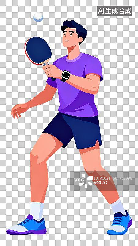【AI数字艺术】充满活力的乒乓球运动员用球拍颠球2D扁平运营插画体育运动运动项目透明元素设计紫蓝色运动套装健康生活图片素材