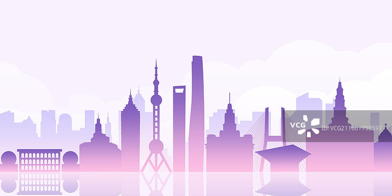 上海紫色剪影扁平城市建筑插画图片素材