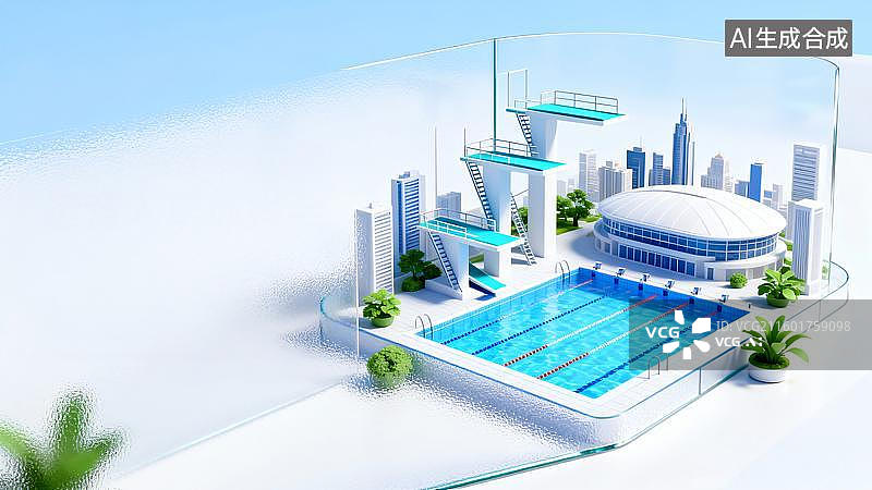 【AI数字艺术】3D风格泳池跳水台宣传界面图片素材