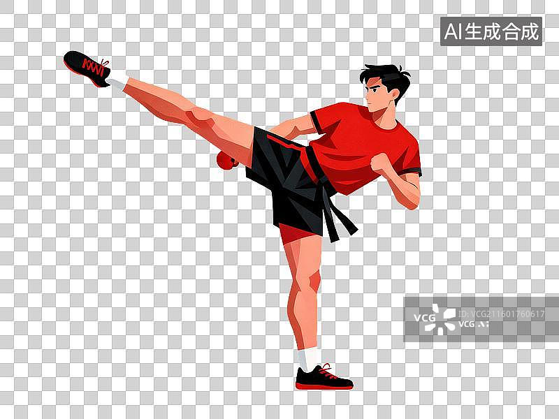 【AI数字艺术】跆拳道运动员高踢腿武术动作红黑2D扁平运营插画体育运动运动项目透明人物元素设计有力运动健身人物图片素材
