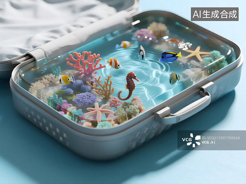 【AI数字艺术】透明玻璃行李箱内微缩一个海底珊瑚礁生态系统，有五彩斑斓的珊瑚、各种热带鱼、小海马图片素材