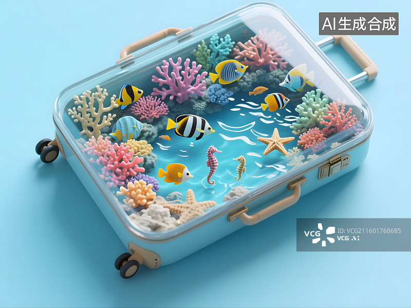 【AI数字艺术】透明玻璃行李箱内微缩一个海底珊瑚礁生态系统，有五彩斑斓的珊瑚、各种热带鱼、小海马图片素材