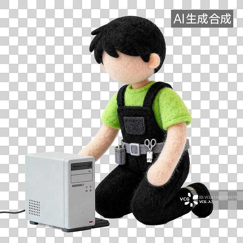 【AI数字艺术】3D羊毛毡风格维修电脑程序员人物免抠元素图片素材