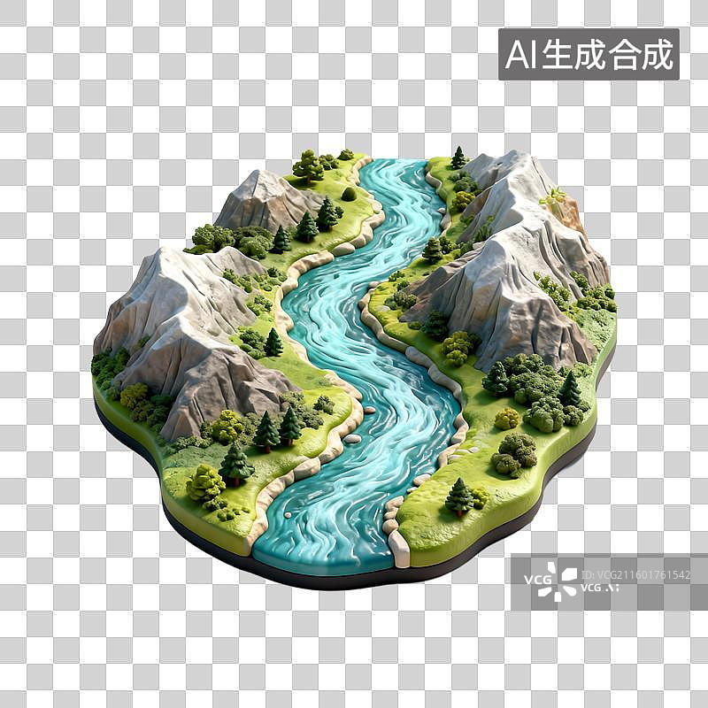 【AI数字艺术】山间蜿蜒河流的3D景观图片素材