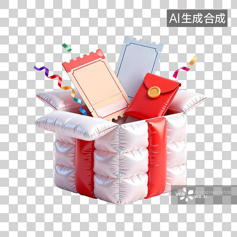 【AI数字艺术】3D膨胀风打开的礼物红包优惠券促销元素图片素材