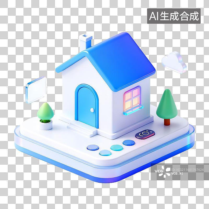 【AI数字艺术】3D轻拟物风未来科智能房屋元素图片素材