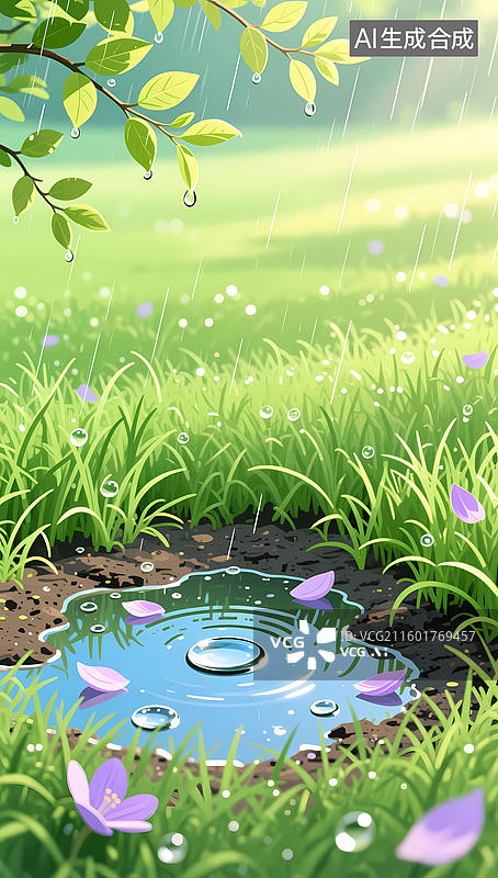 【AI数字艺术】晴朗草地上的水坑与花瓣倒影图片素材
