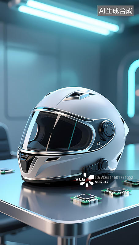 【AI数字艺术】太空头盔展示在高科技环境中。图片素材