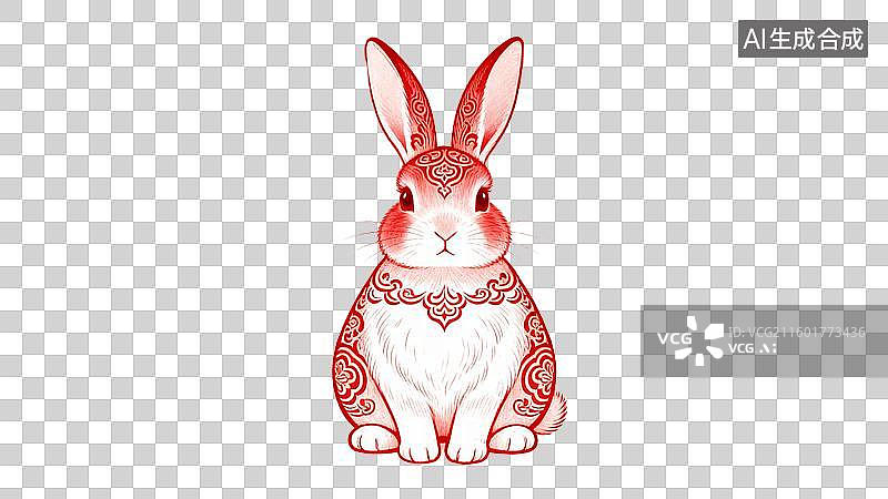 【AI数字艺术】带有传统花纹的红色中式兔子图片素材