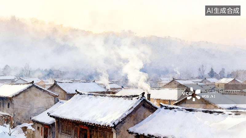 【AI数字艺术】雪乡风景，雪后村庄屋顶覆盖白雪，烟囱冒烟，远处山峦云雾缭绕，宁静祥和图片素材