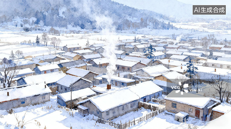 【AI数字艺术】雪乡风景，白雪覆盖的村庄屋顶升起炊烟，树木和远处山峦银装素裹图片素材