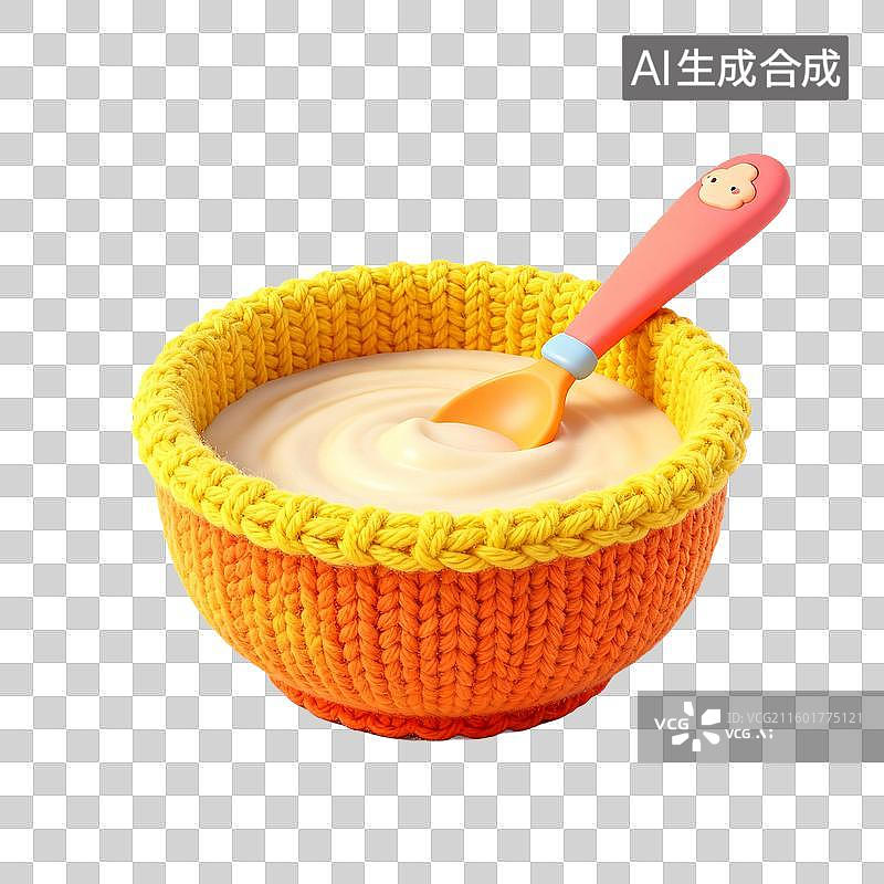 【AI数字艺术】编织碗中的奶油状食物和粉色勺子图片素材