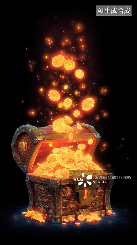 【AI数字艺术】发光的宝藏箱溢出金币图片素材