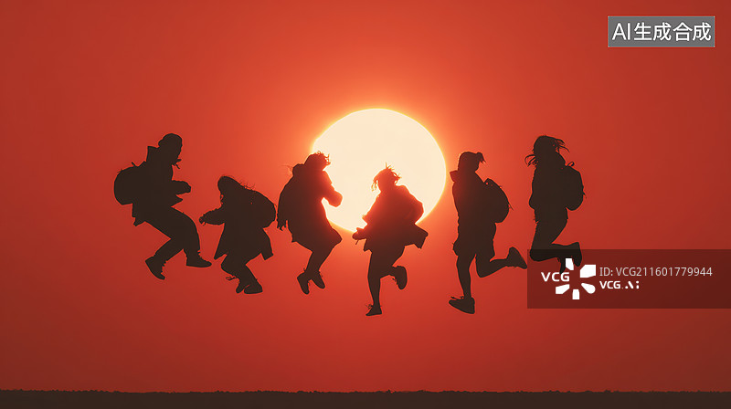 【AI数字艺术】夕阳下奔跑的人群剪影图片素材