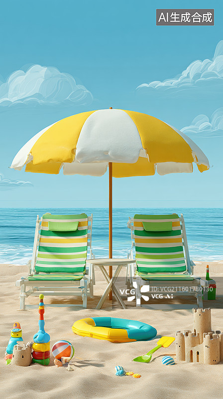 【AI数字艺术】海滩遮阳伞与沙滩椅图片素材