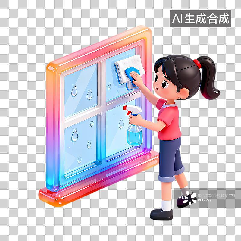【AI数字艺术】女孩清洁窗户场景图片素材