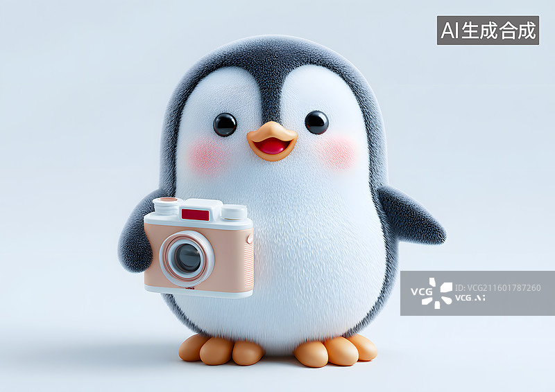 【AI数字艺术】可爱的卡通企鹅拿着相机图片素材