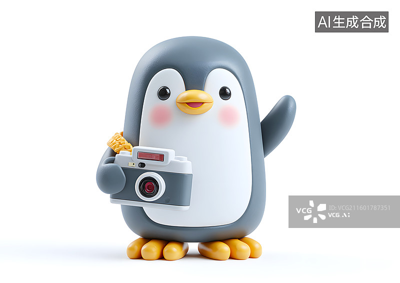 【AI数字艺术】可爱的卡通企鹅拿着相机图片素材