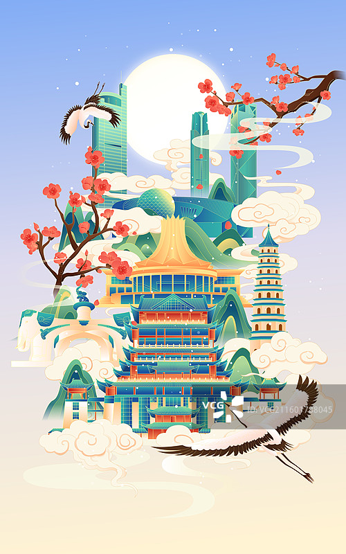 国风冬天南宁城市建筑矢量插画图片素材