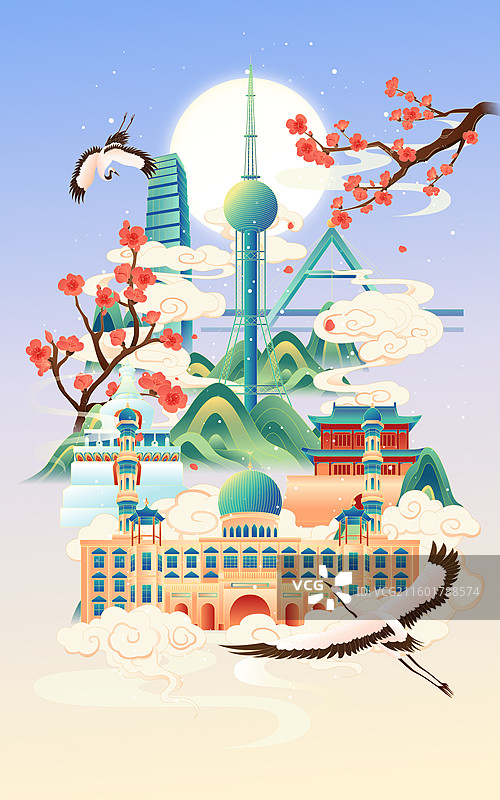 国风冬天西宁城市建筑矢量插画图片素材