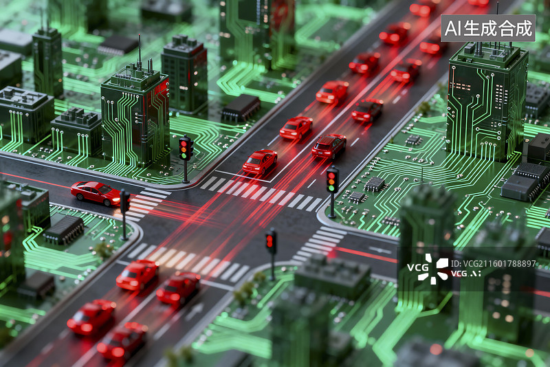 【AI数字艺术】智能城市电路板与交通模型图片素材