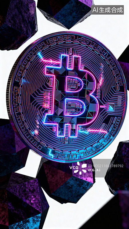 【AI数字艺术】比特币元素 发光的金属比特币图片素材