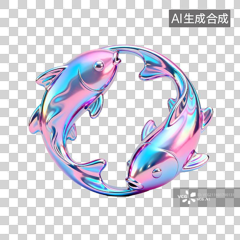 【AI数字艺术】锦鲤双鱼座3D立体酸性金属质感十二星座标志雕塑形象图片素材