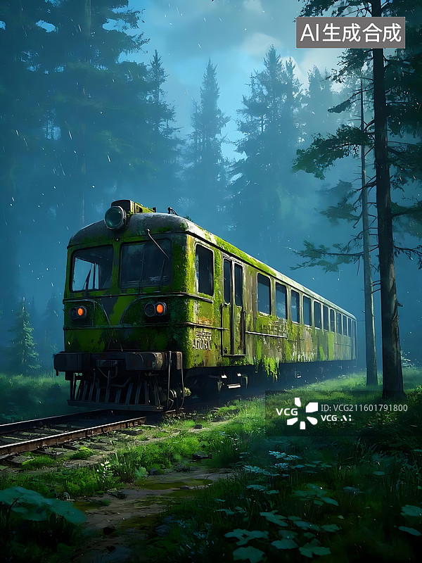 【AI数字艺术】被森林覆盖的废弃火车图片素材