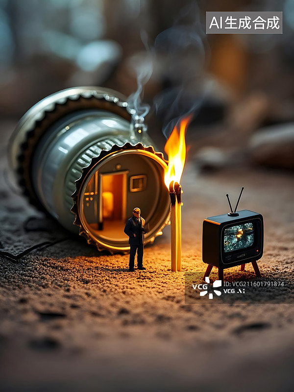 【AI数字艺术】微型世界里的电视、火焰和微缩人物图片素材