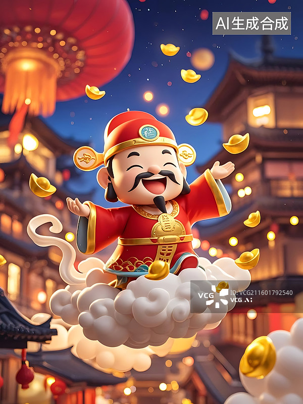 【AI数字艺术】财神爷在云朵上向你招手，金元宝纷飞，喜气洋洋的春节氛围图片素材