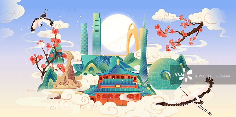 国风冬天节气广州城市建筑矢量插画图片素材