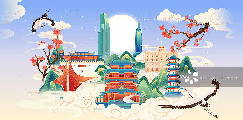 国风冬天节气南昌城市建筑矢量插画图片素材
