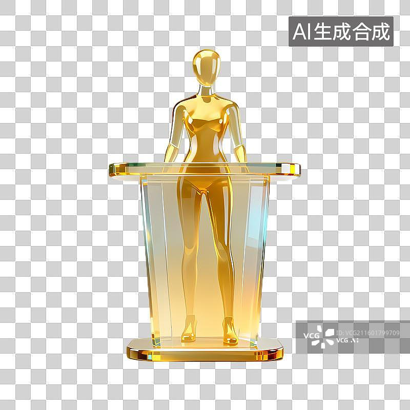 【AI数字艺术】金色人形立于透明讲台前图片素材