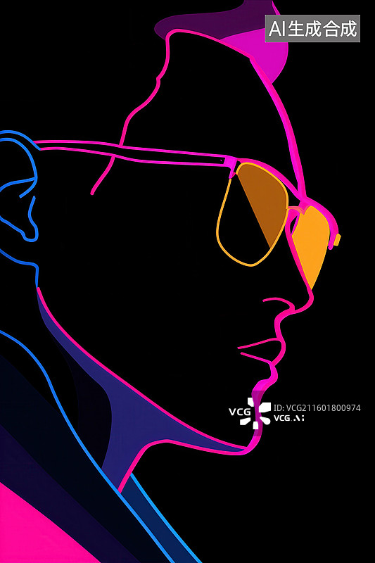 【AI数字艺术】黑背景戴眼镜的男青年荧光色女性人物头像插画图片素材