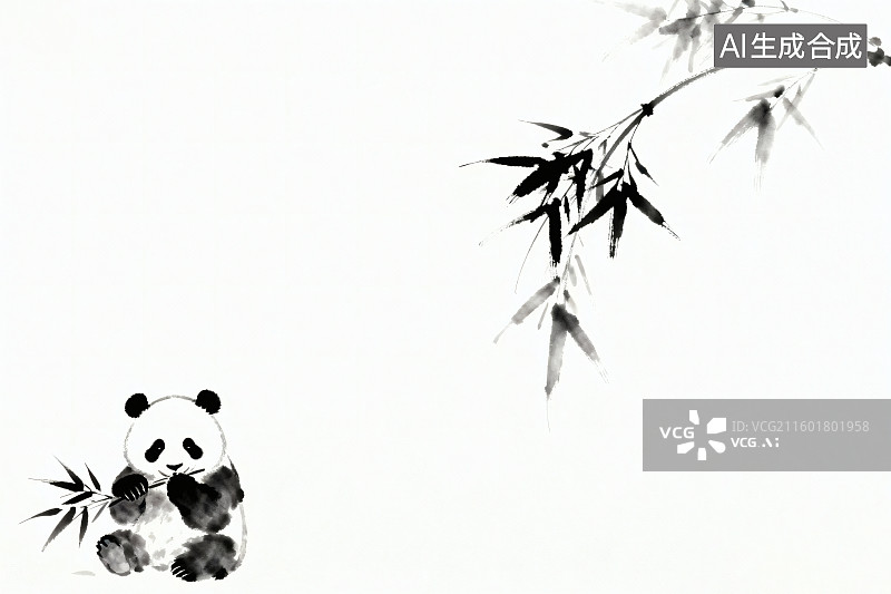 【AI数字艺术】中式传统水墨风格，一只可爱的大熊猫正在悠闲的吃着竹子图片素材