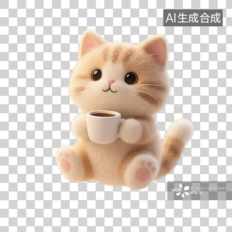 【AI数字艺术】3D渲染，羊毛毡质感，卡通动物，猫，猫咪，喝咖啡的小猫，秋天，冬天，免抠元素图片素材