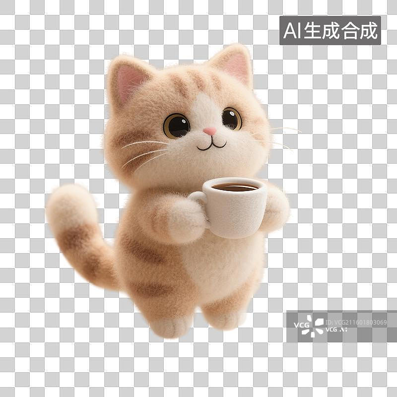 【AI数字艺术】3D渲染，羊毛毡质感，卡通动物，猫，猫咪，喝咖啡的小猫，秋天，冬天，免抠元素图片素材