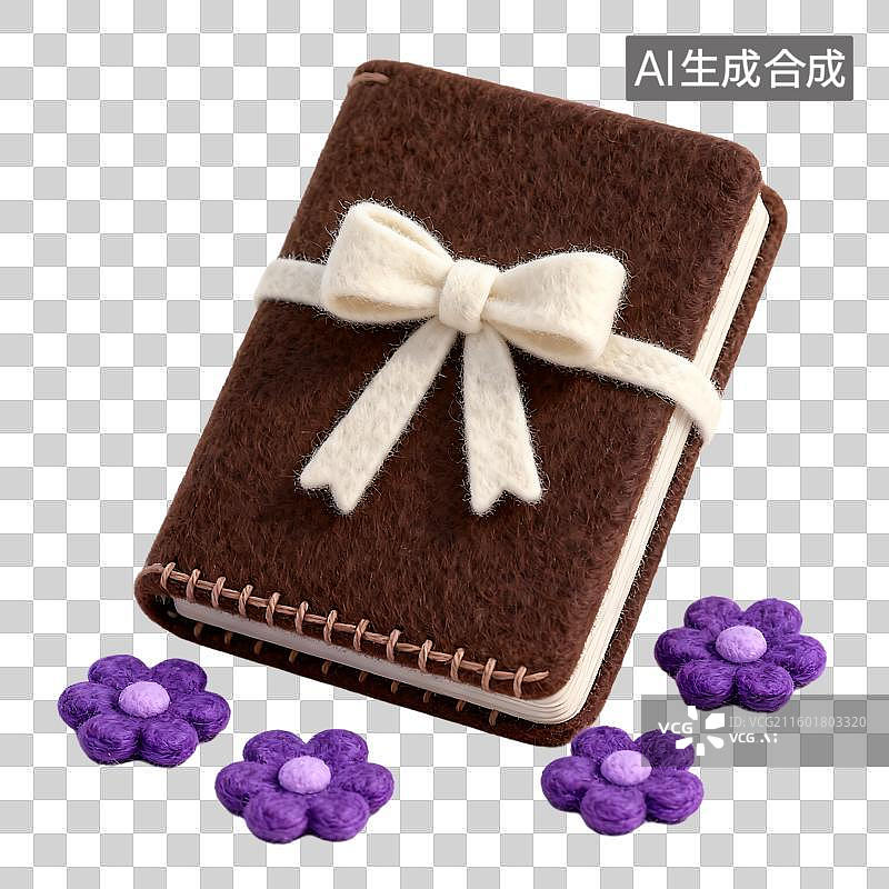 【AI数字艺术】棕色毛毡笔记本带紫花装饰图片素材
