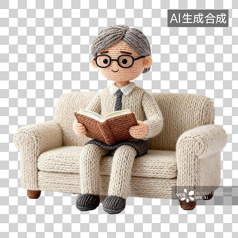【AI数字艺术】坐在沙发上看书的针织玩偶图片素材
