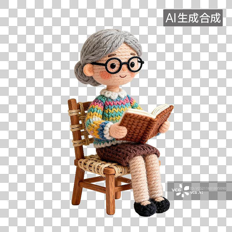 【AI数字艺术】针织老人坐着看书形象图片素材